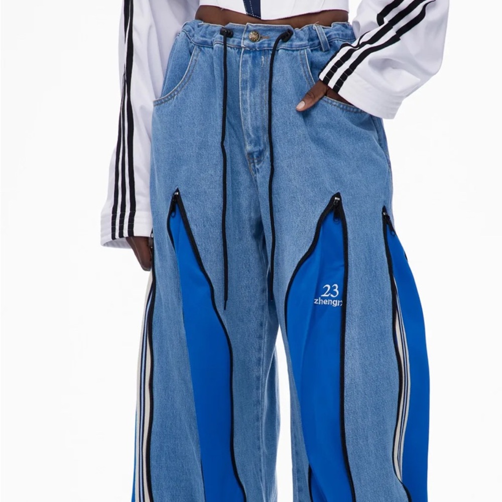 Deconstruct Zipper stripe jeans and stripe lace up top
